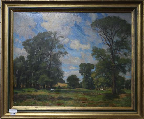 Charles H. H. Burleigh, oil on canvas, figure and cattle in a meadow, signed, 60 x 75cm